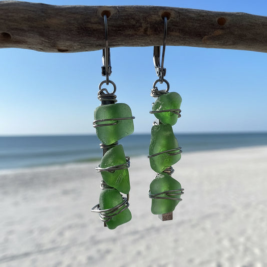 Sea Glass Trio Stainless Steel Dangle Earrings
