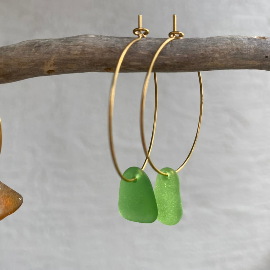 Kelly Green Sea Glass Earrings on Gold PVD Thin Hoops 4