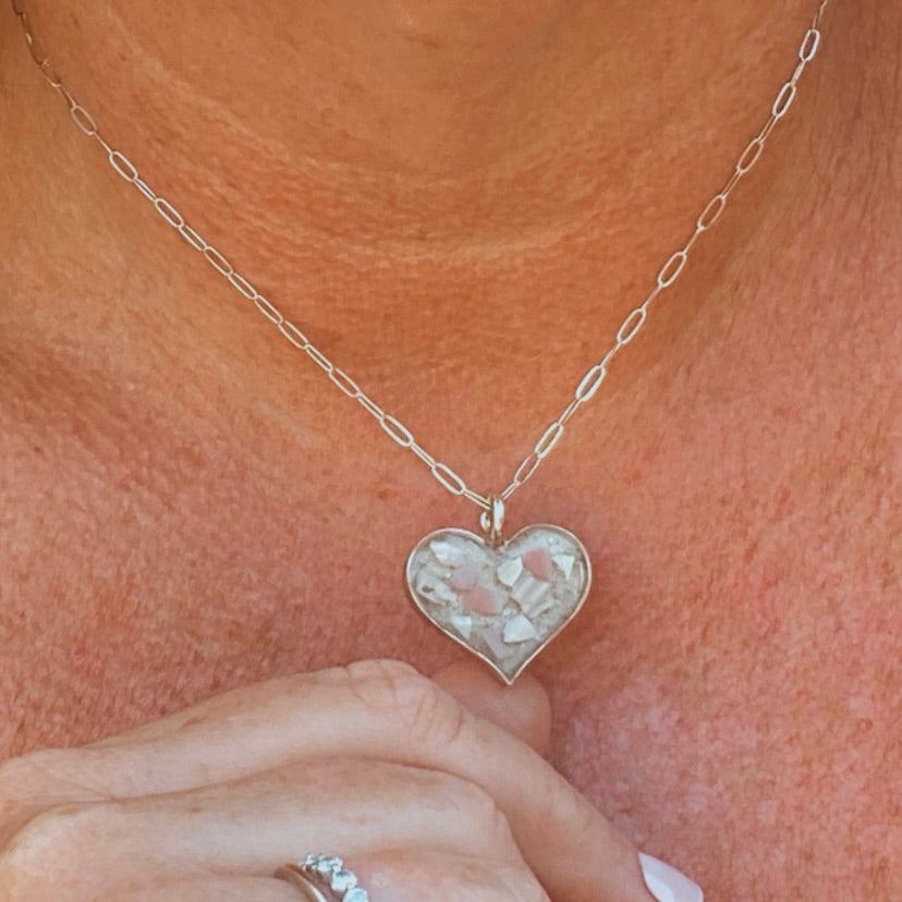 Only One – Sterling Silver Sand & Crushed Shell Beach Heart Necklace