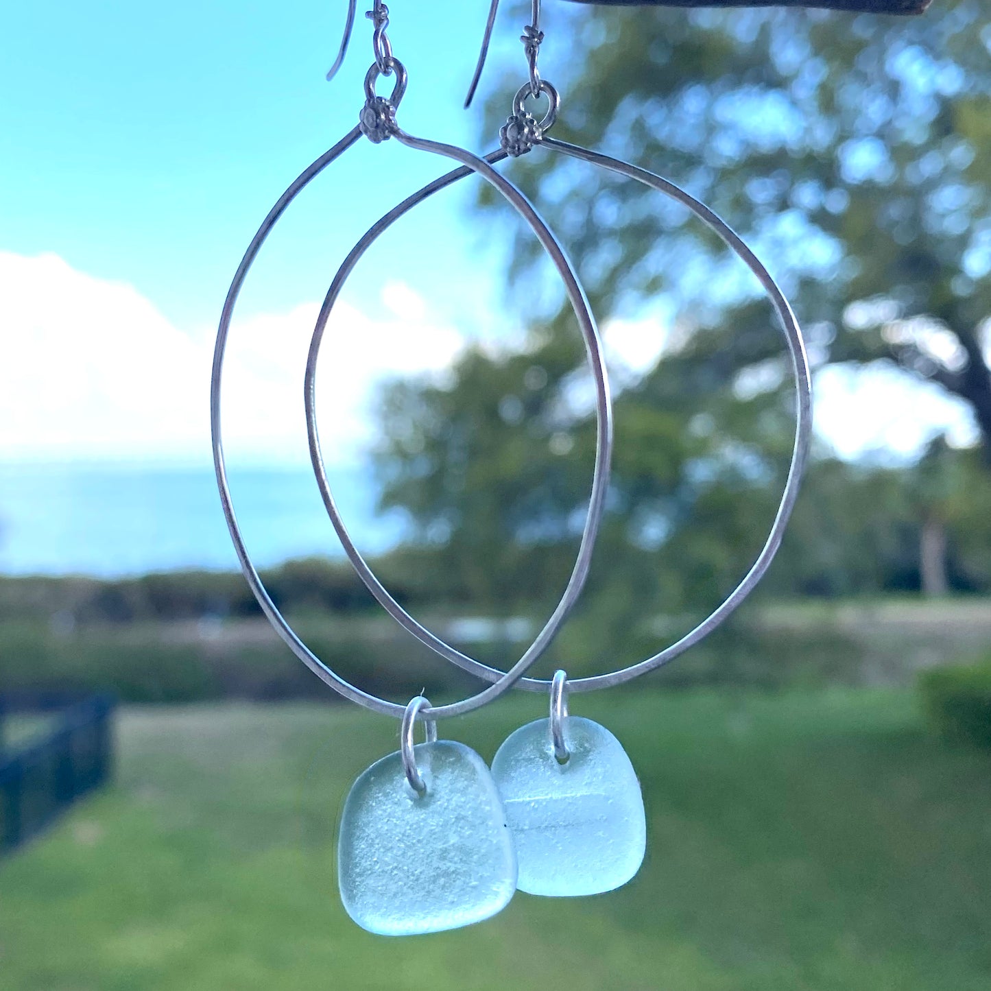Handmade Sterling Silver Round Sea Glass Dangle Earrings
