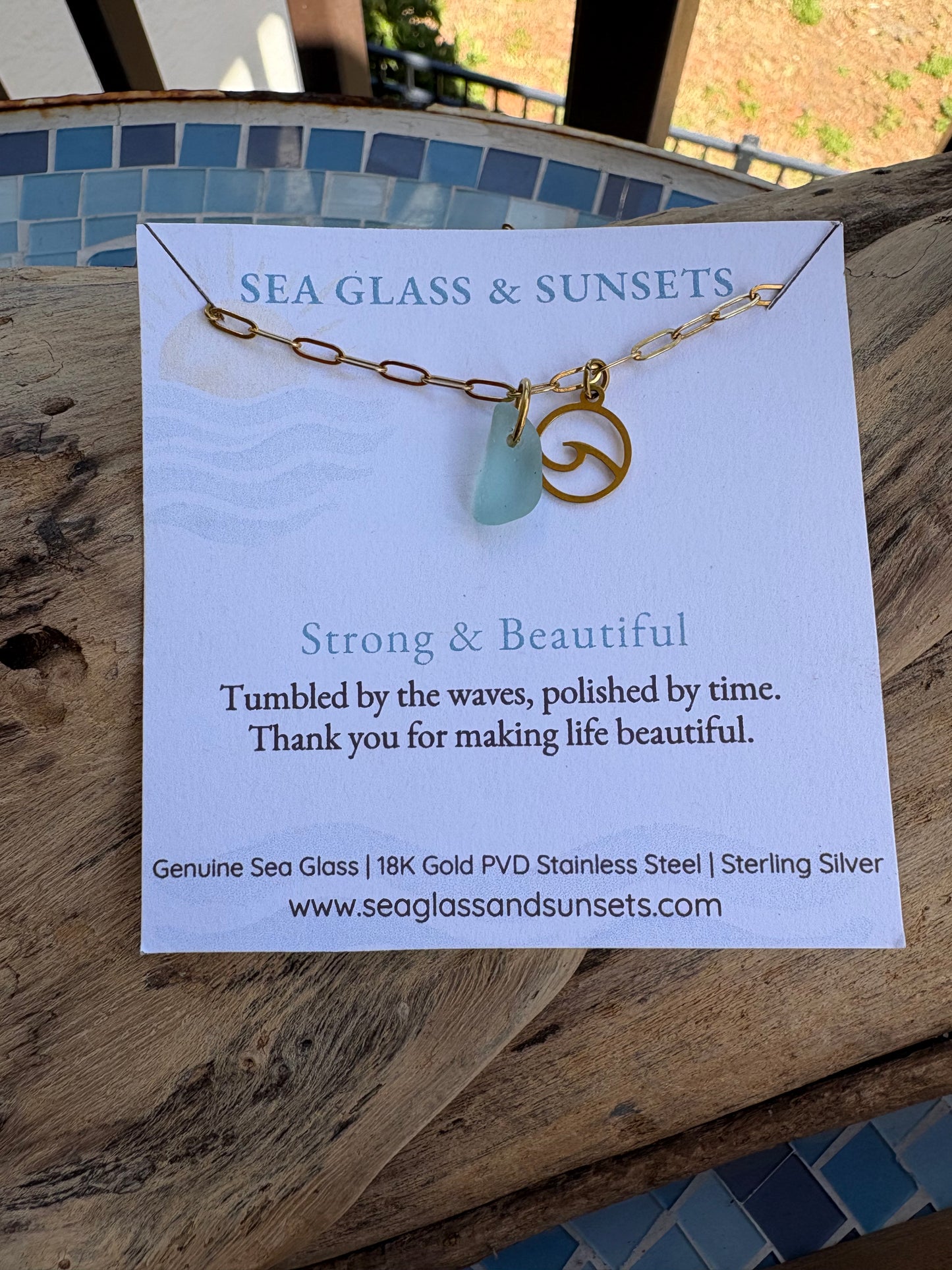 18K Gold PVD Sky Blue Sea Glass & Wave Paperclip Bracelet
