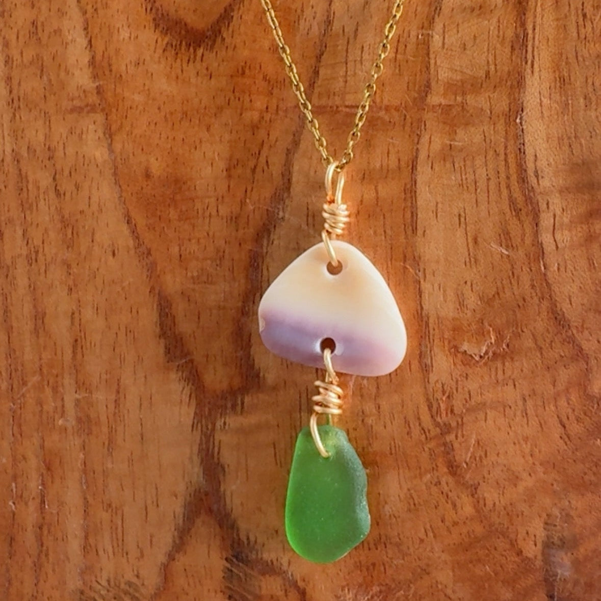 18K Gold PVD Sea Glass & Wampum Shell Chain Necklace