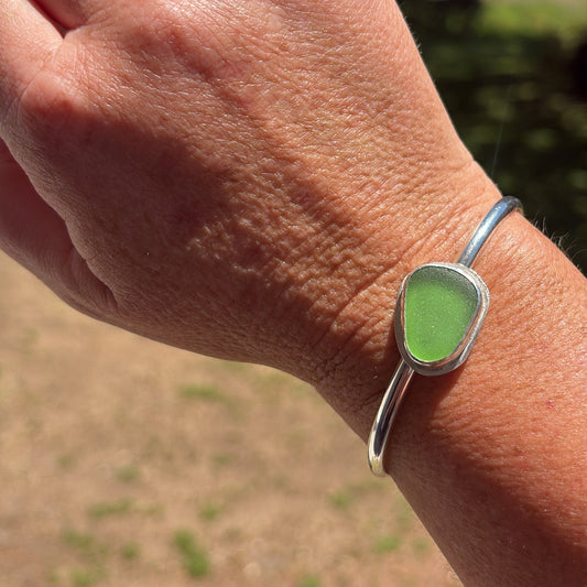 kelly green sea glass cuff bracelet