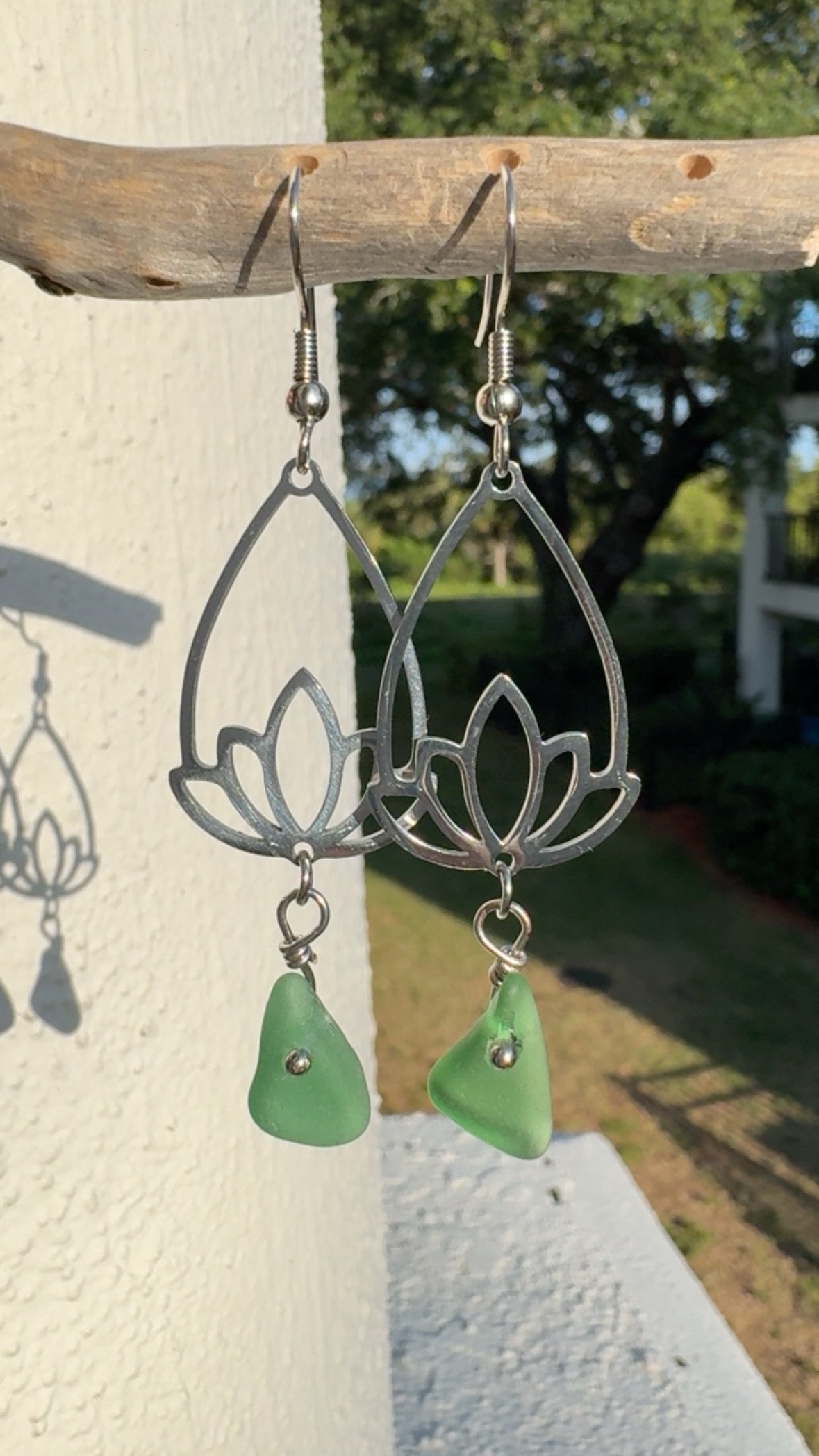 Green Sea Glass Lotus Sterling Silver Dangle Earrings
