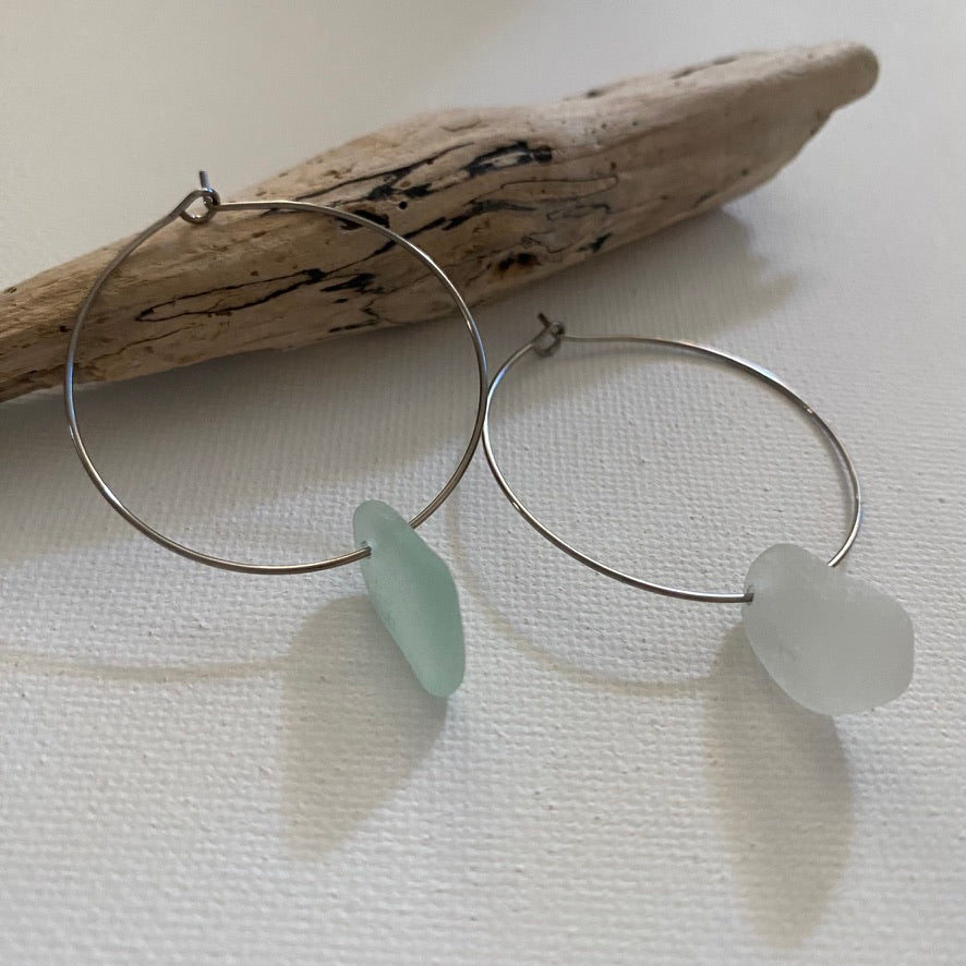 Clear & Sea Foam Sea Glass Earrings on Silver Stainless Steel Hoops
