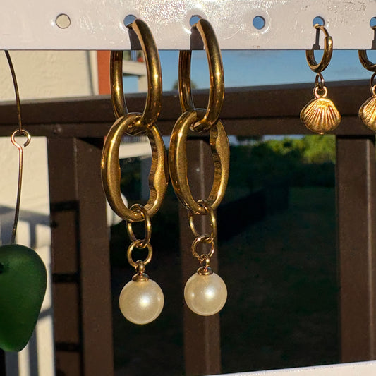 Gold Paperclip Huggie Pearl Earrings | 2” Dangle Coastal Statement Earrings