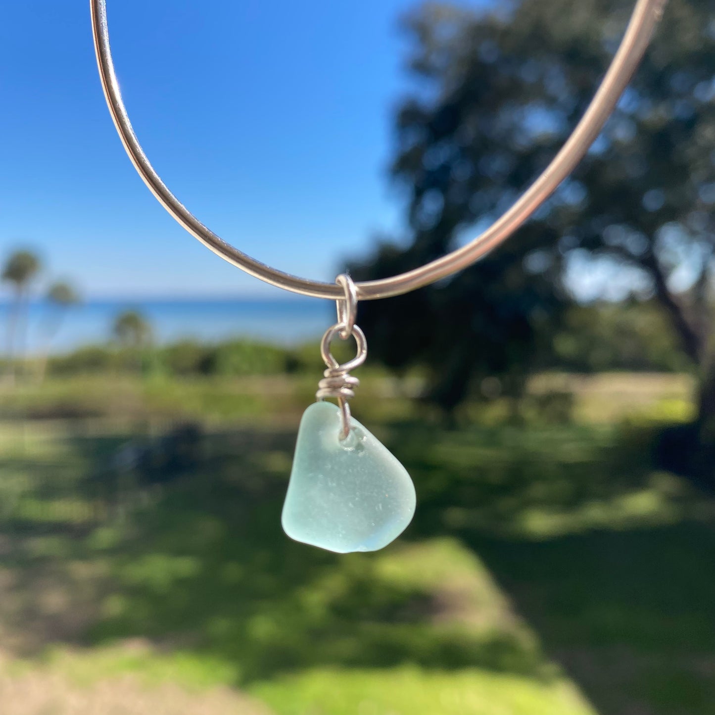 Sterling Silver Sea Glass Bangle Bracelet – Aqua