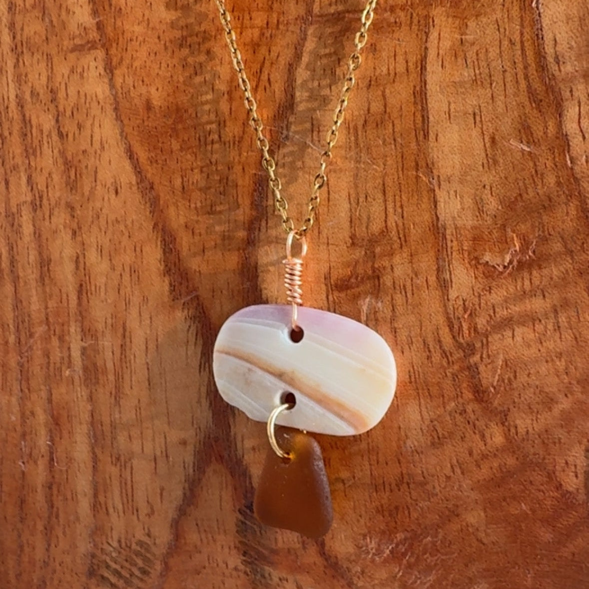 18K Gold PVD Sea Glass & Wampum Shell Chain Necklace