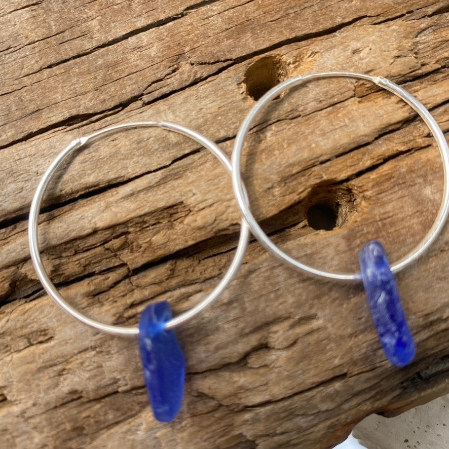 Blue Sea Glass Earrings | Hoop Earrings | Sterling Silver