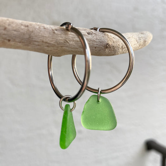 Kelly Green Sea Glass Earrings on Silver Stainless Steel Hoops