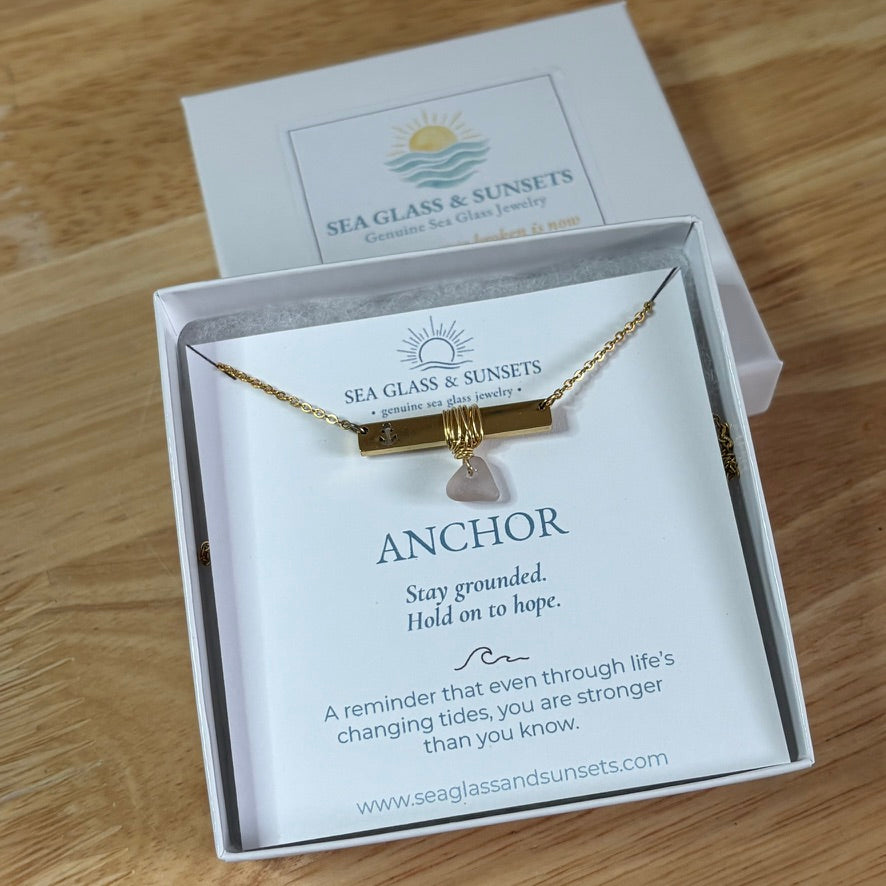 Gold Anchor Bar Necklace with Light Purple Sea Glass