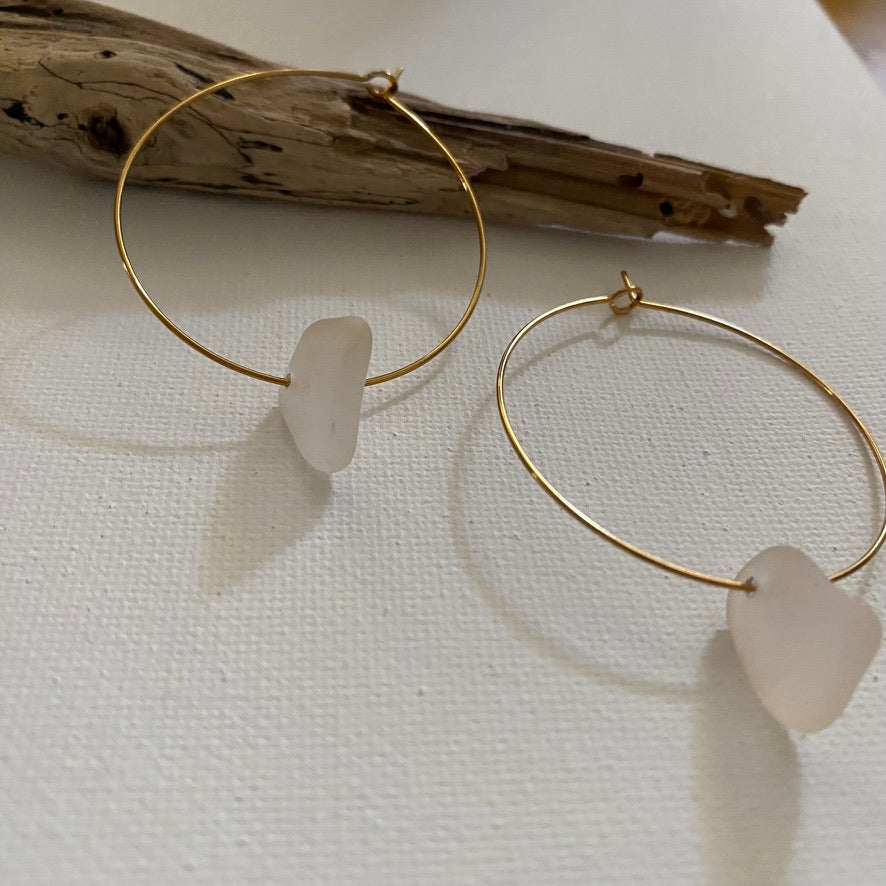 Blush-Tinted Sea Glass Earrings on Gold PVD Thin Hoops