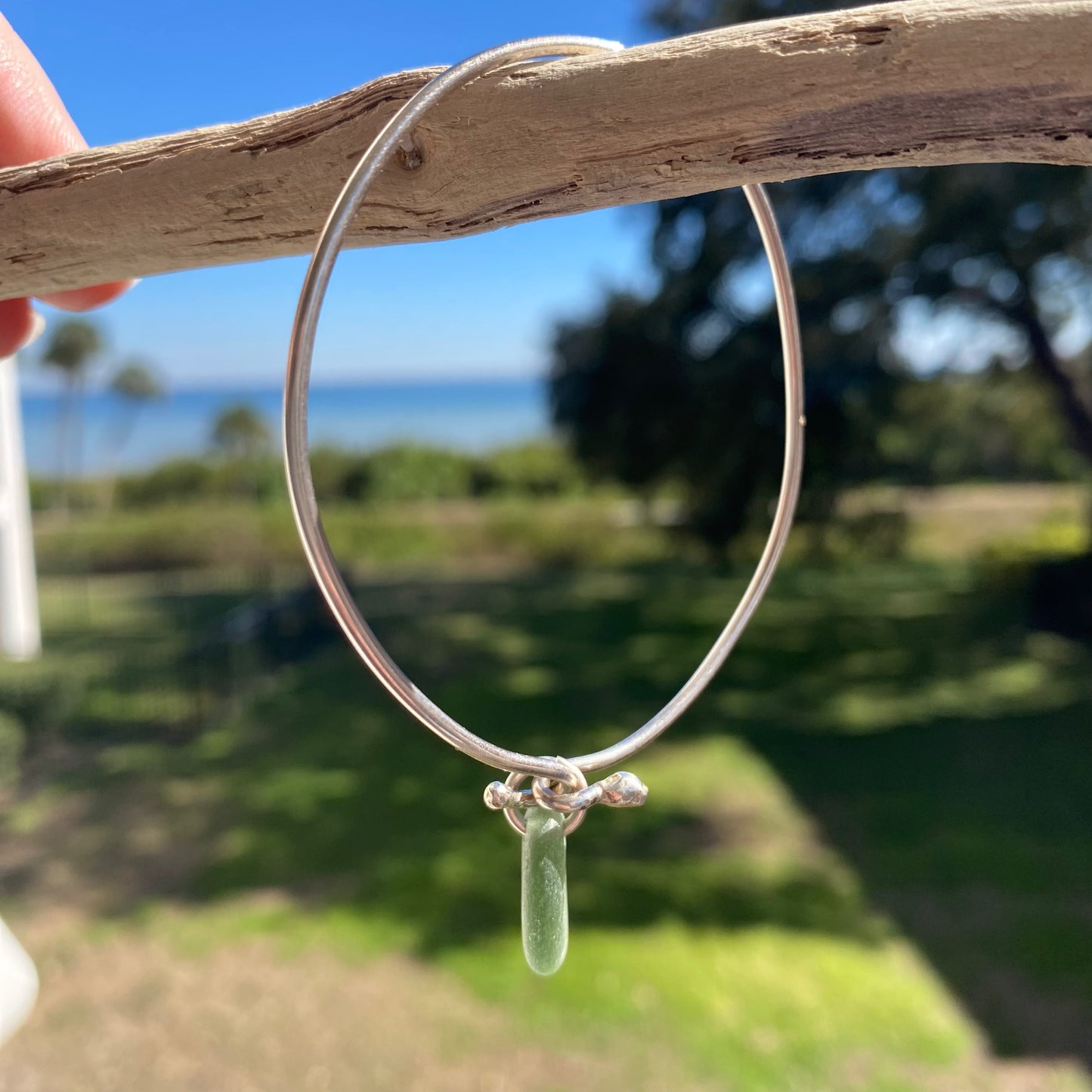 Sterling Silver Sea Glass Bangle Bracelet – Olive Green