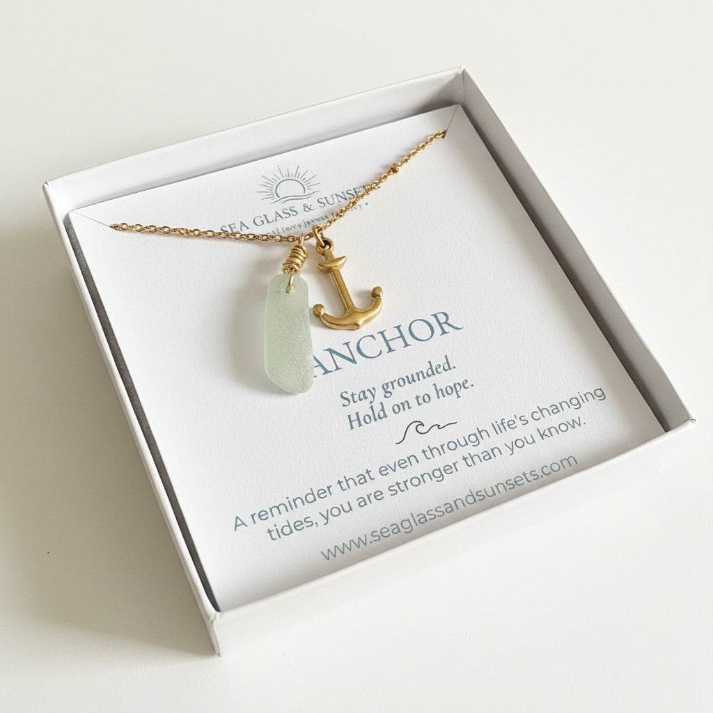 sea foam sea glass with anchor chain in gold 