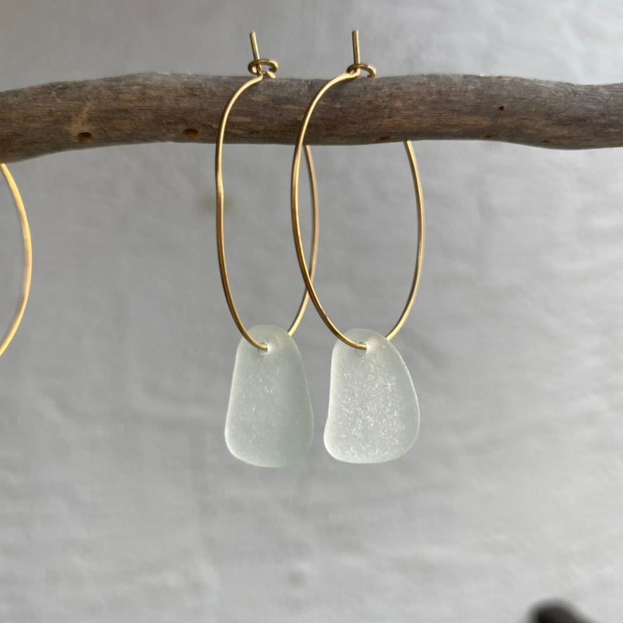 Light Sea Foam Sea Glass Earrings on Gold PVD Thin Hoops