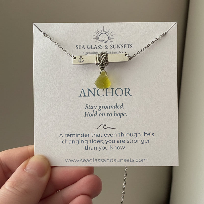 Silver Anchor Bar Necklace with Citron Sea Glass