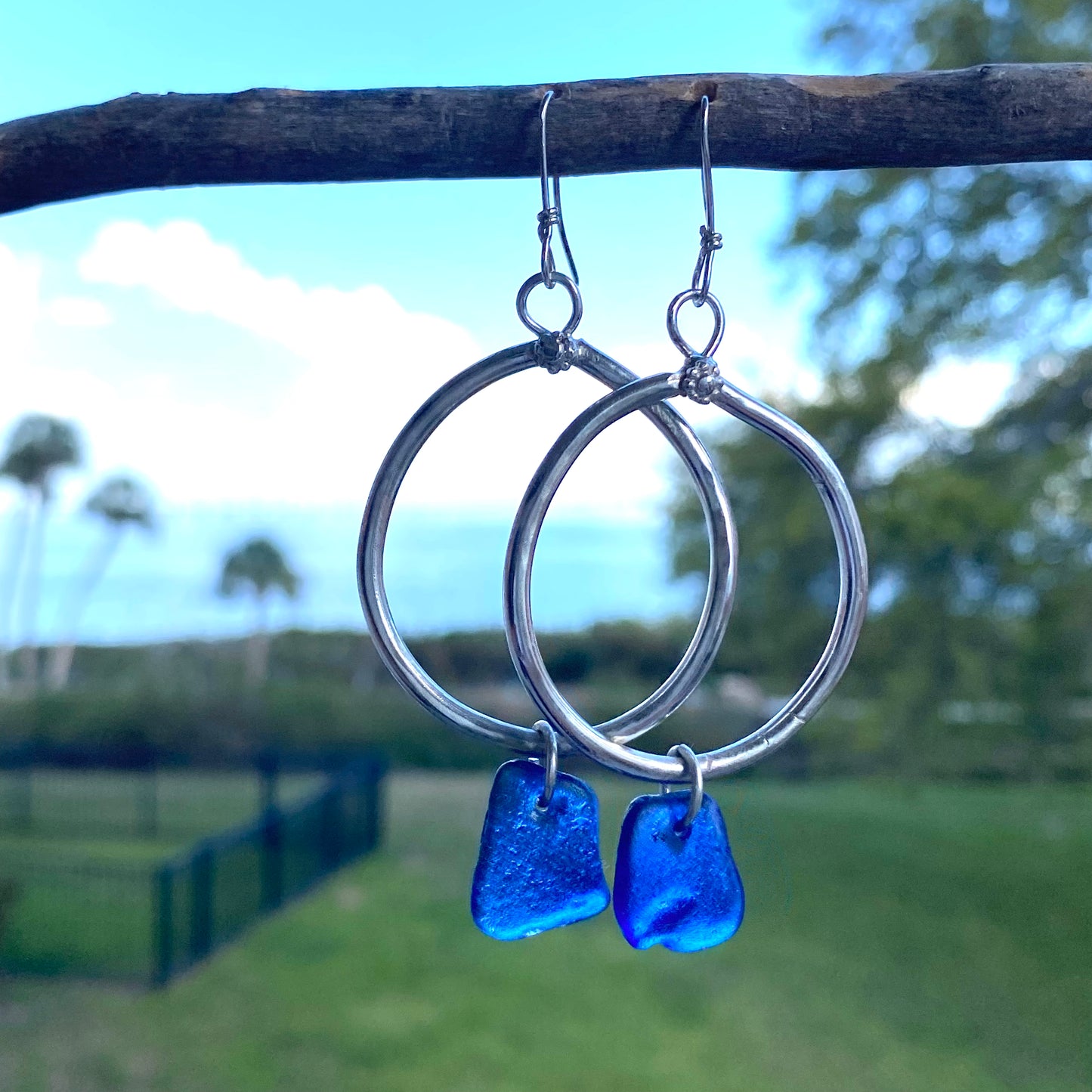 Handmade Sterling Silver Cobalt Blue Sea Glass Dangle Earrings
