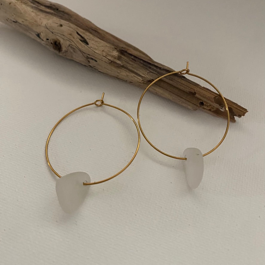 Small Clear Sea Glass Earrings on Gold PVD Thin Hoops