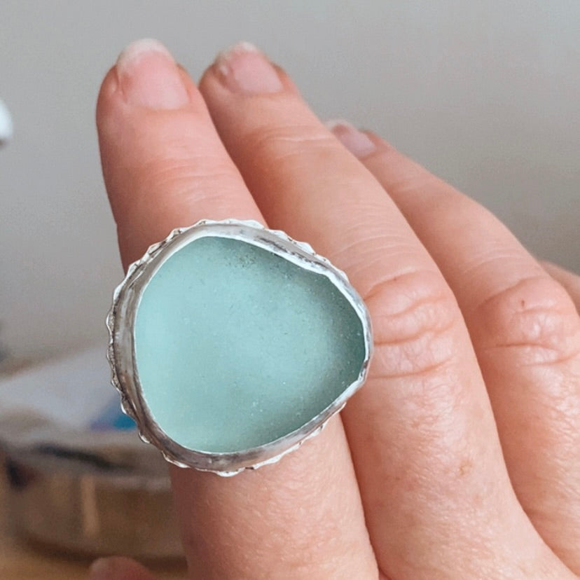 Sea Foam Sea Glass Statement Ring – Sterling Silver (Size 9)