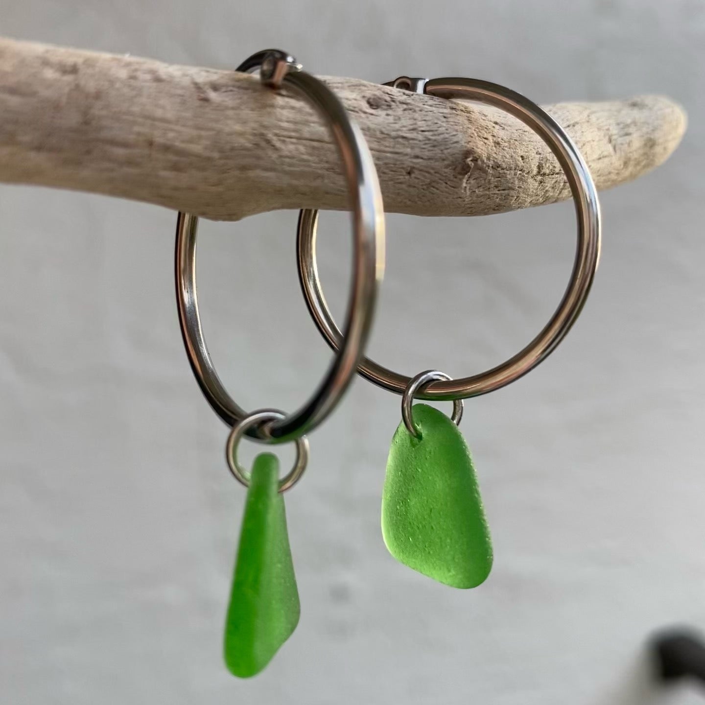 Kelly Green Sea Glass Earrings on Silver Stainless Steel Hoops