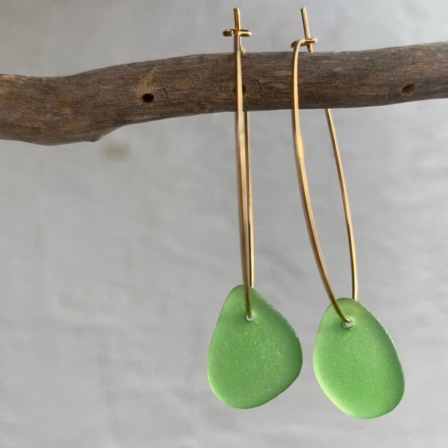 Kelly Green Sea Glass Earrings on Gold PVD Thin Hoops 3