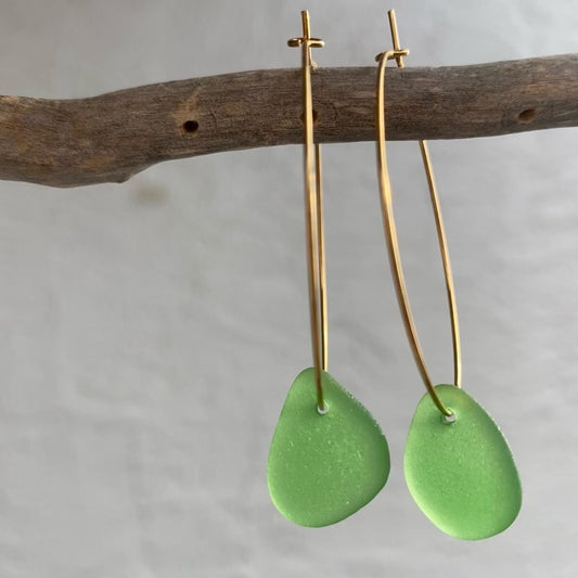 Kelly Green Sea Glass Earrings on Gold PVD Thin Hoops 3