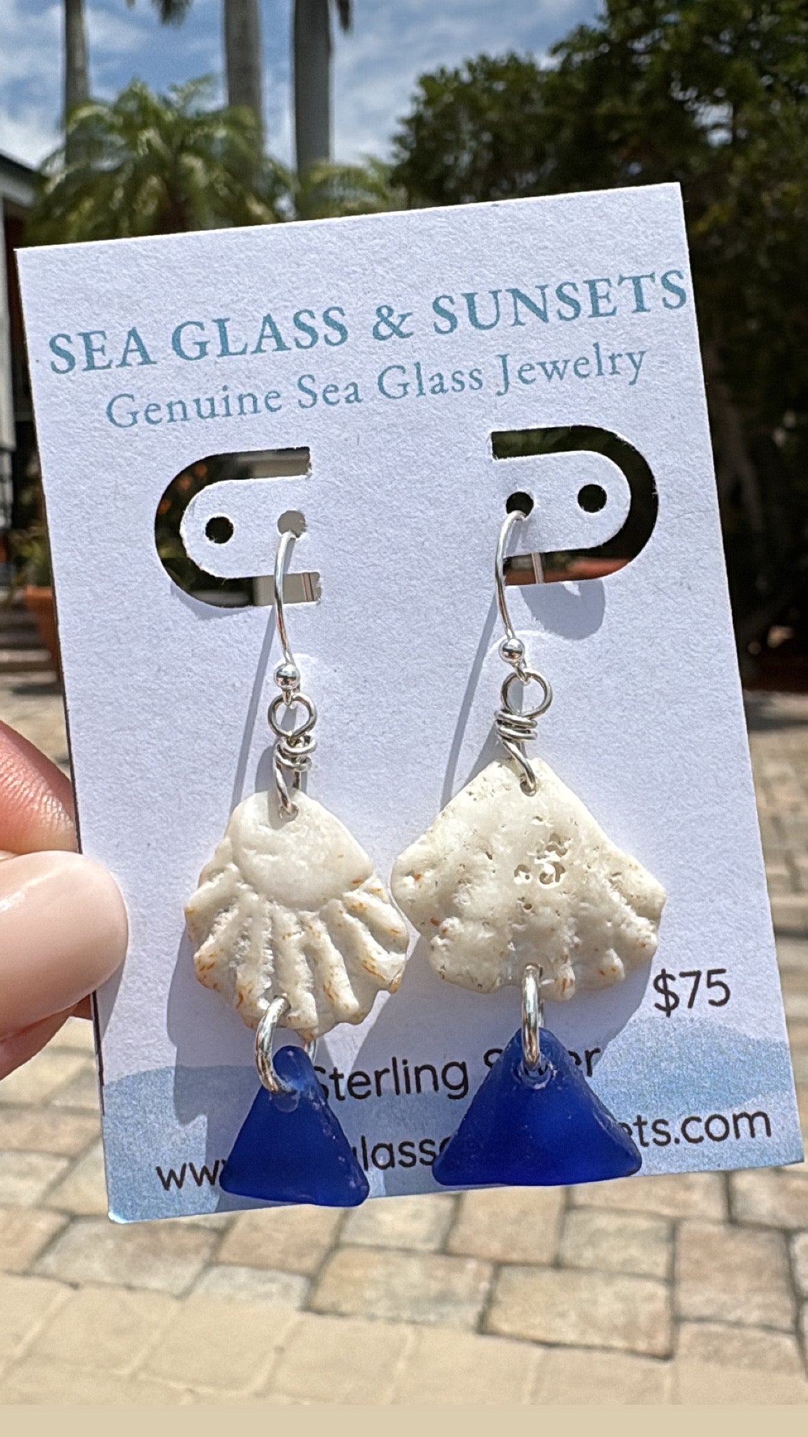Cobalt Blue Sea Glass & Kitten Paw Shell Sterling Silver Earrings