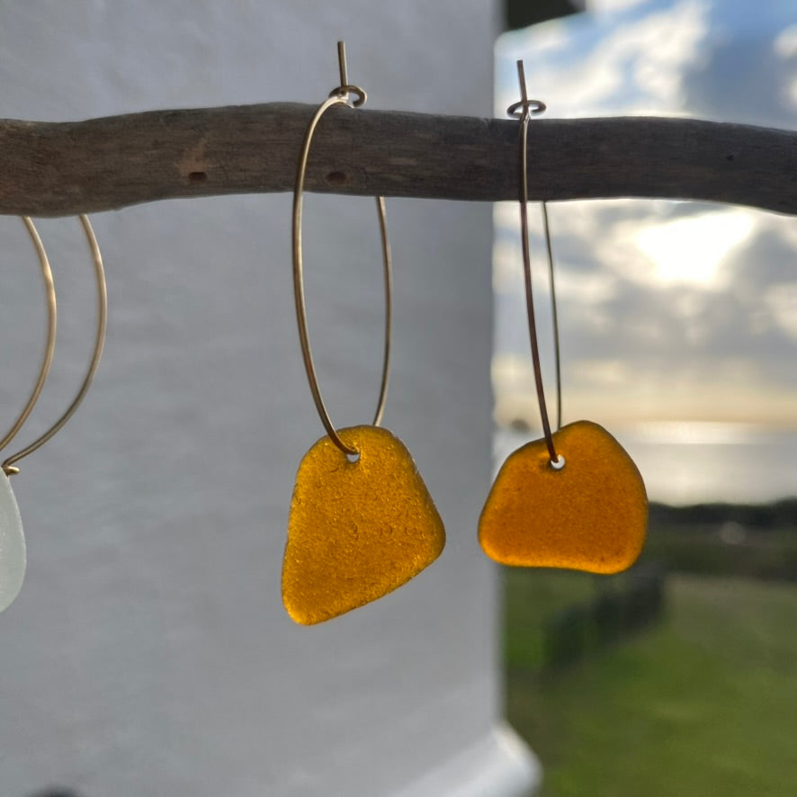 Brown Sea Glass Earrings on Gold PVD Thin Hoops