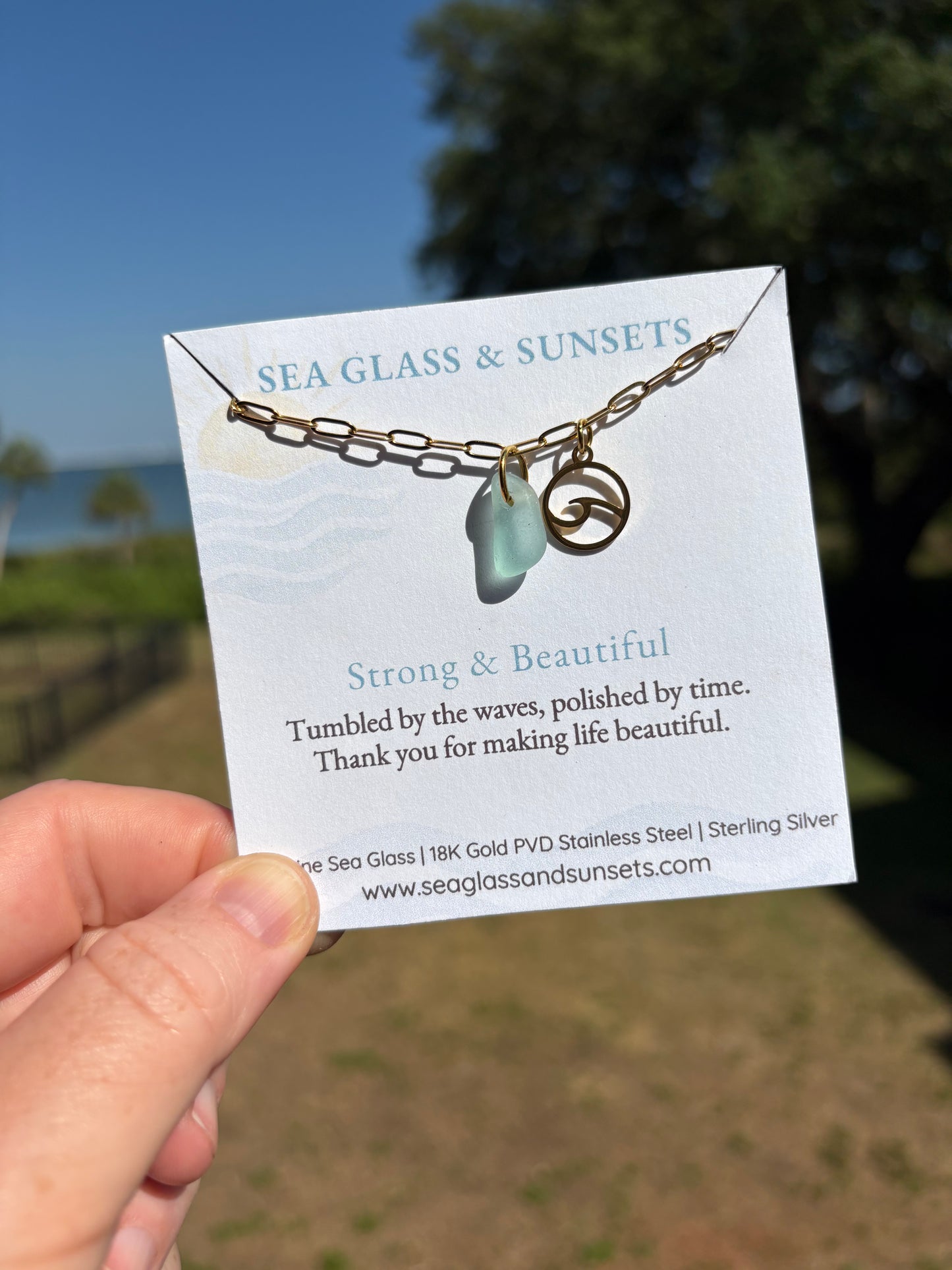 18K Gold PVD Sky Blue Sea Glass & Wave Paperclip Bracelet