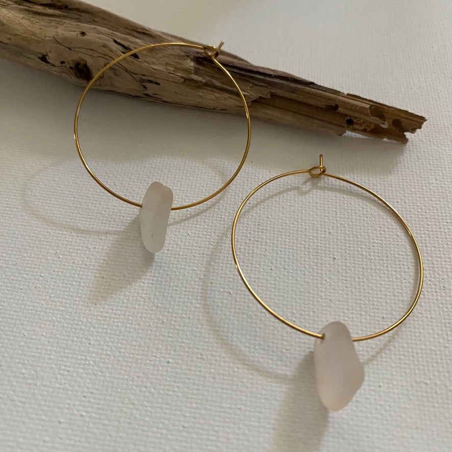 Blush-Tinted Sea Glass Earrings on Gold PVD Thin Hoops