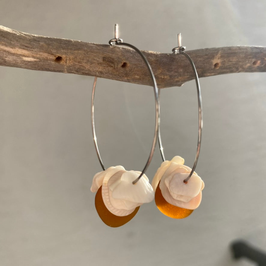 Sea Glass & Crushed Shell Hoop Earrings