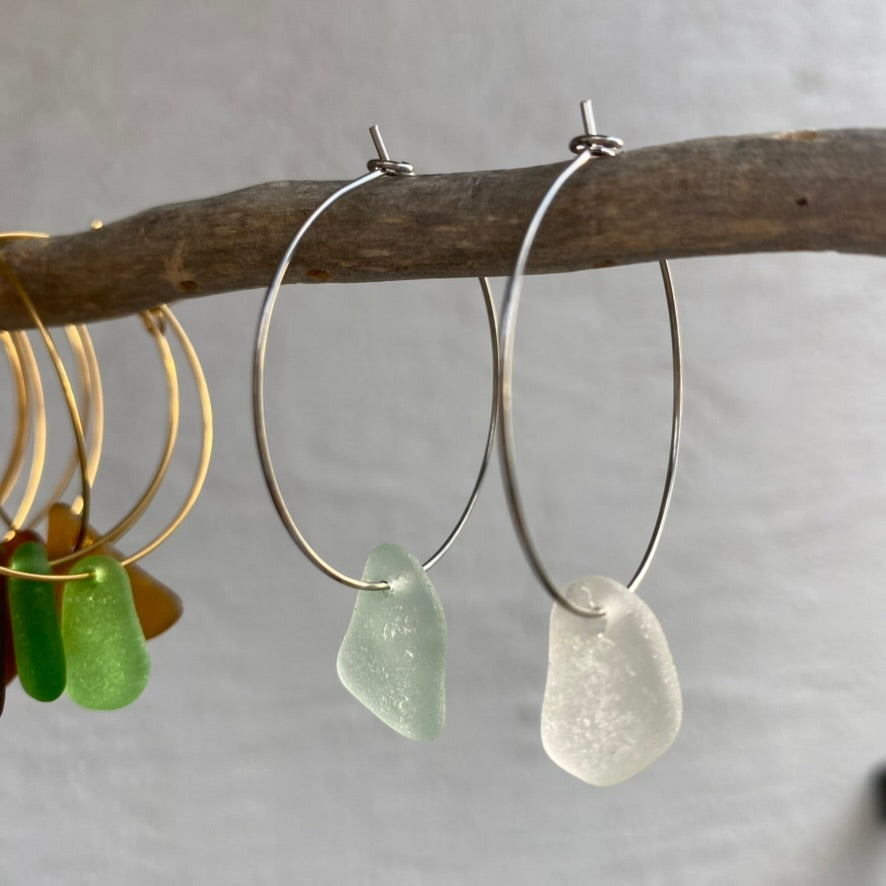 Clear & Sea Foam Sea Glass Earrings on Silver Stainless Steel Hoops