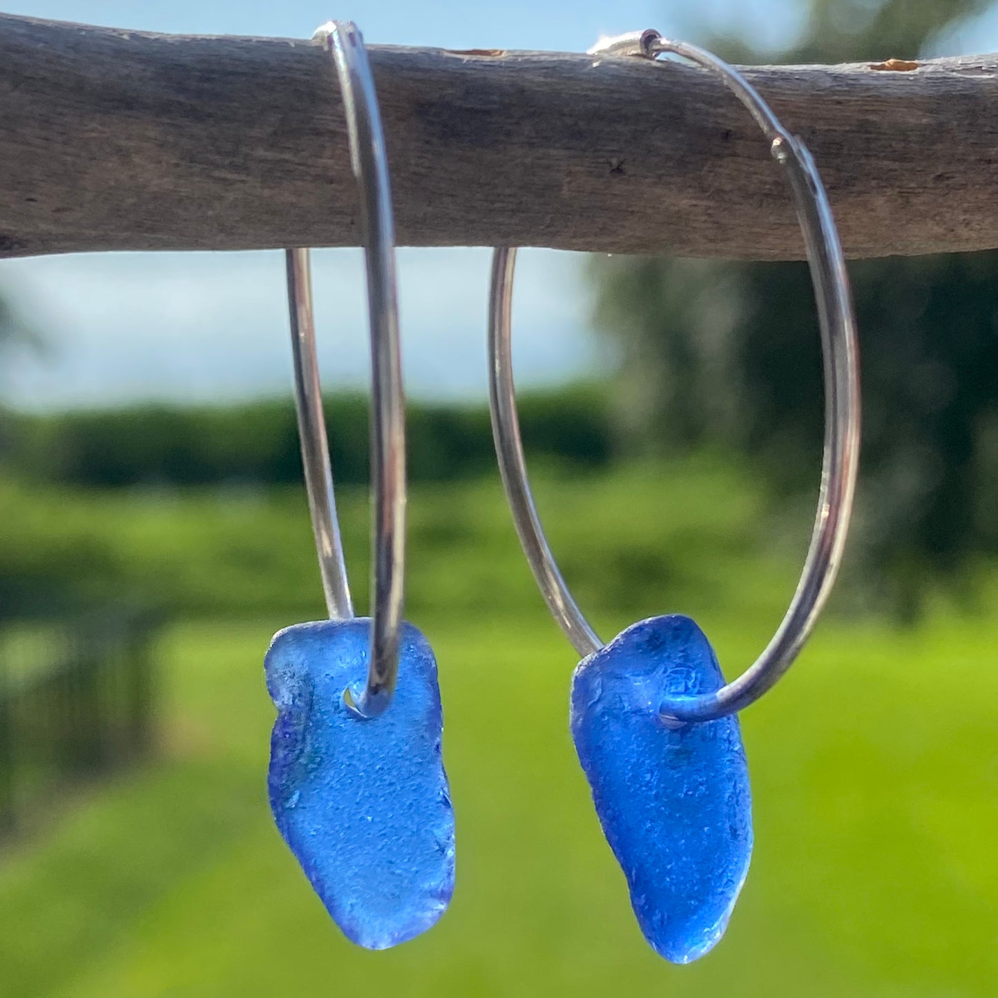 Blue Sea Glass Earrings | Hoop Earrings | Sterling Silver