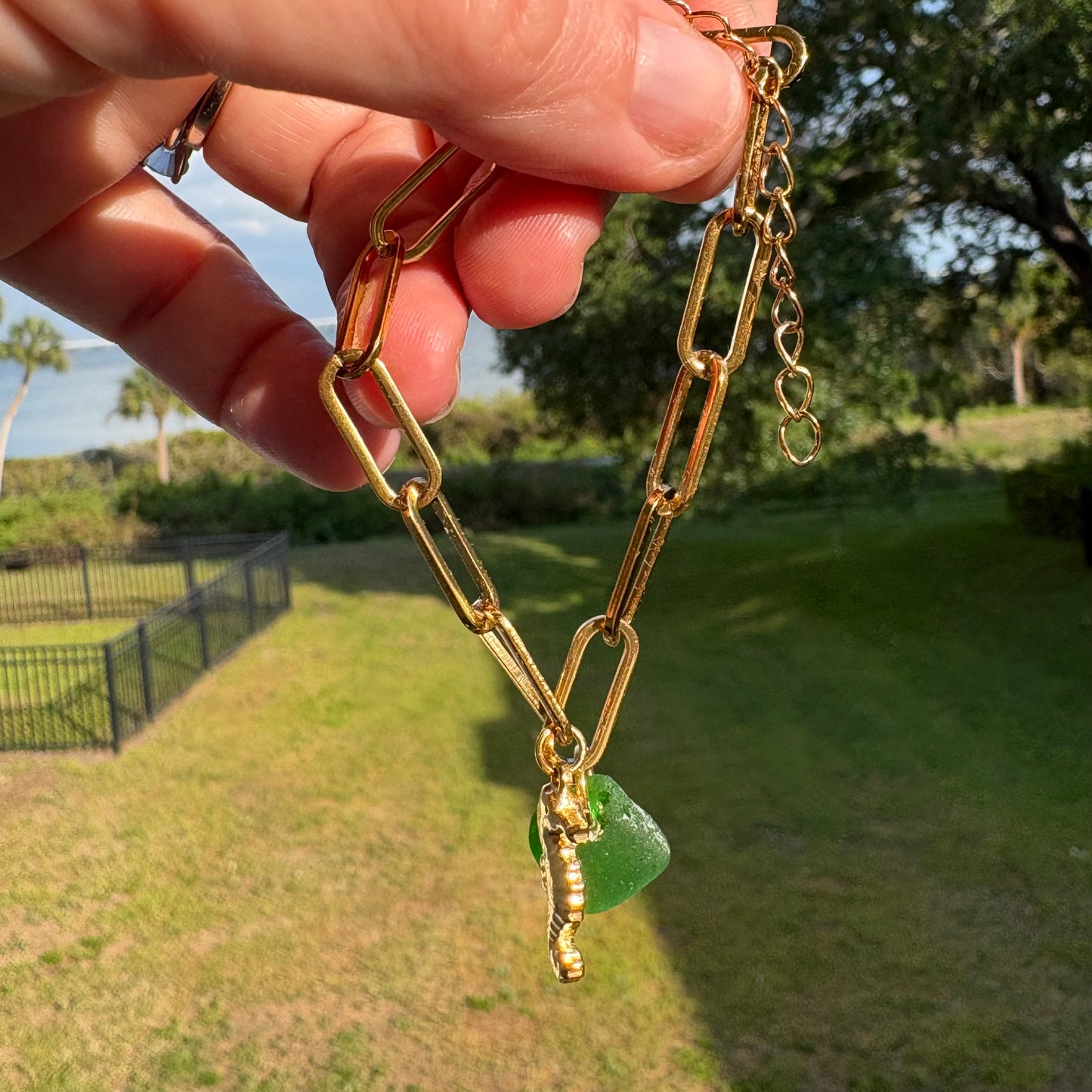18K Gold PVD Sea Glass & Sea Horse Paperclip Bracelet
