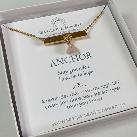 Gold Anchor Bar Necklace with Light Purple Sea Glass
