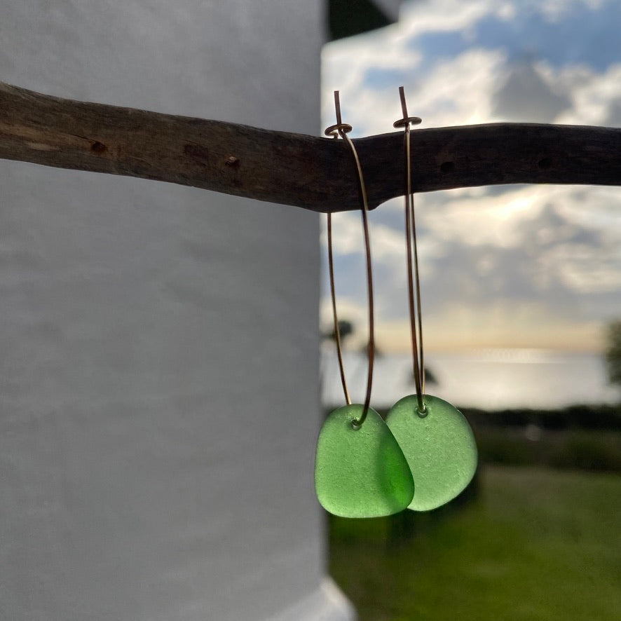 Kelly Green Sea Glass Earrings on Gold PVD Thin Hoops