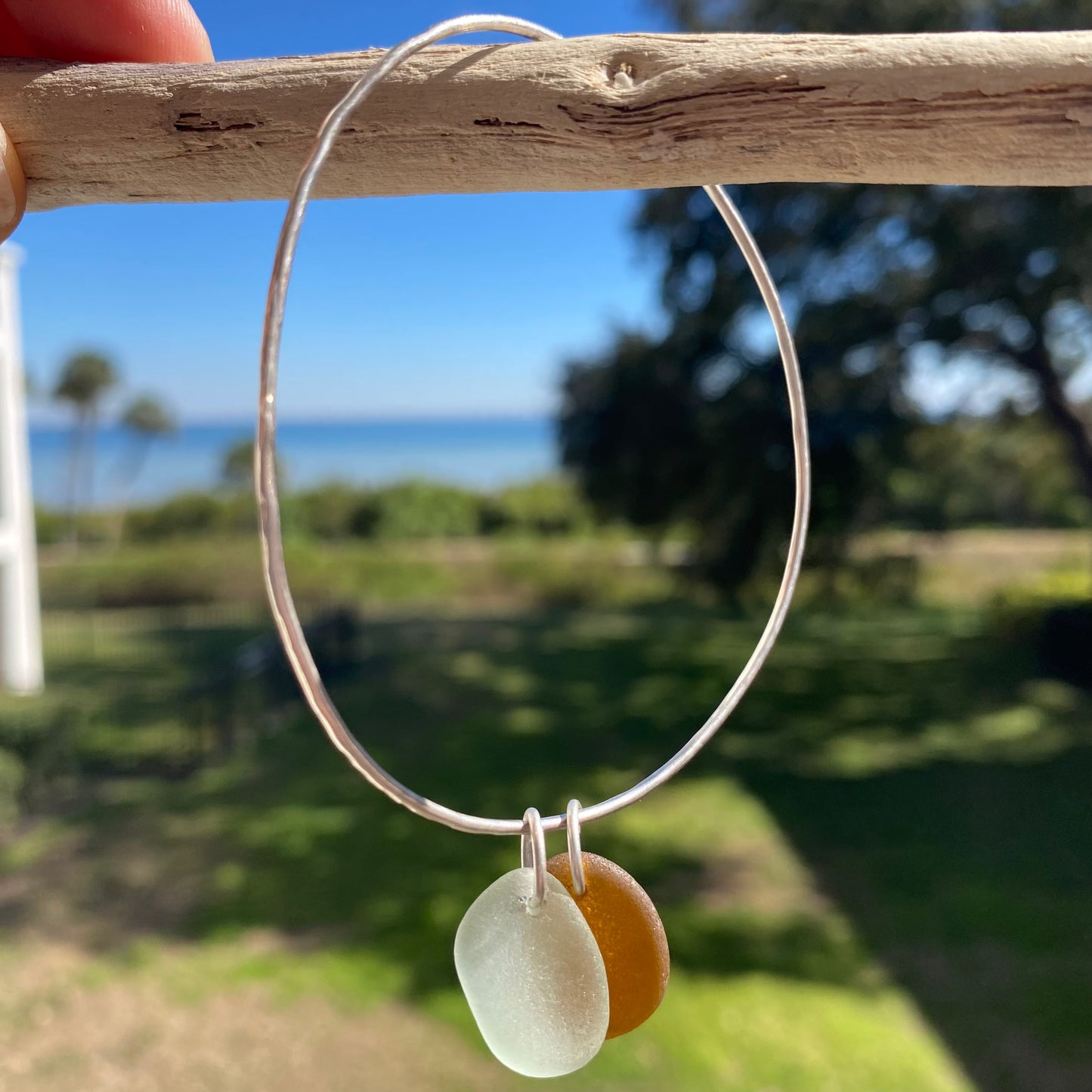 Sterling Silver Sea Glass Bangle Bracelet – Brown & Sea Foam