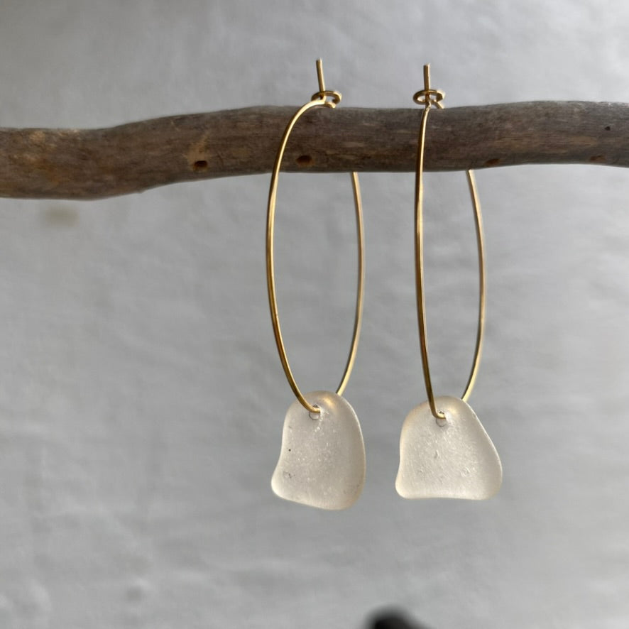 Blush-Tinted Sea Glass Earrings on Gold PVD Thin Hoops