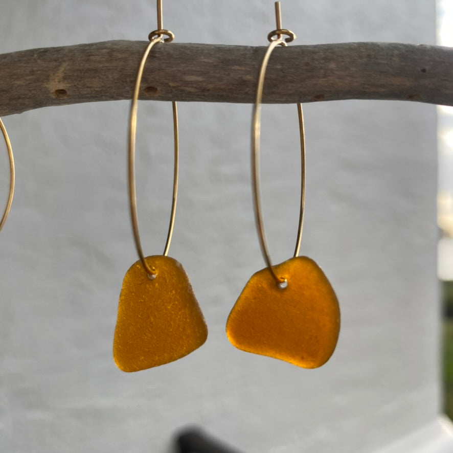 brown sea glass gold hoop earrings