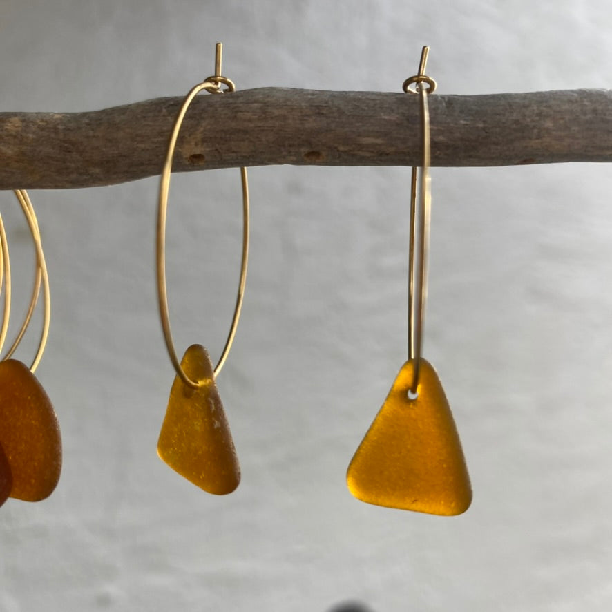 Brown Triangle Sea Glass Earrings on Gold PVD Thin Hoops