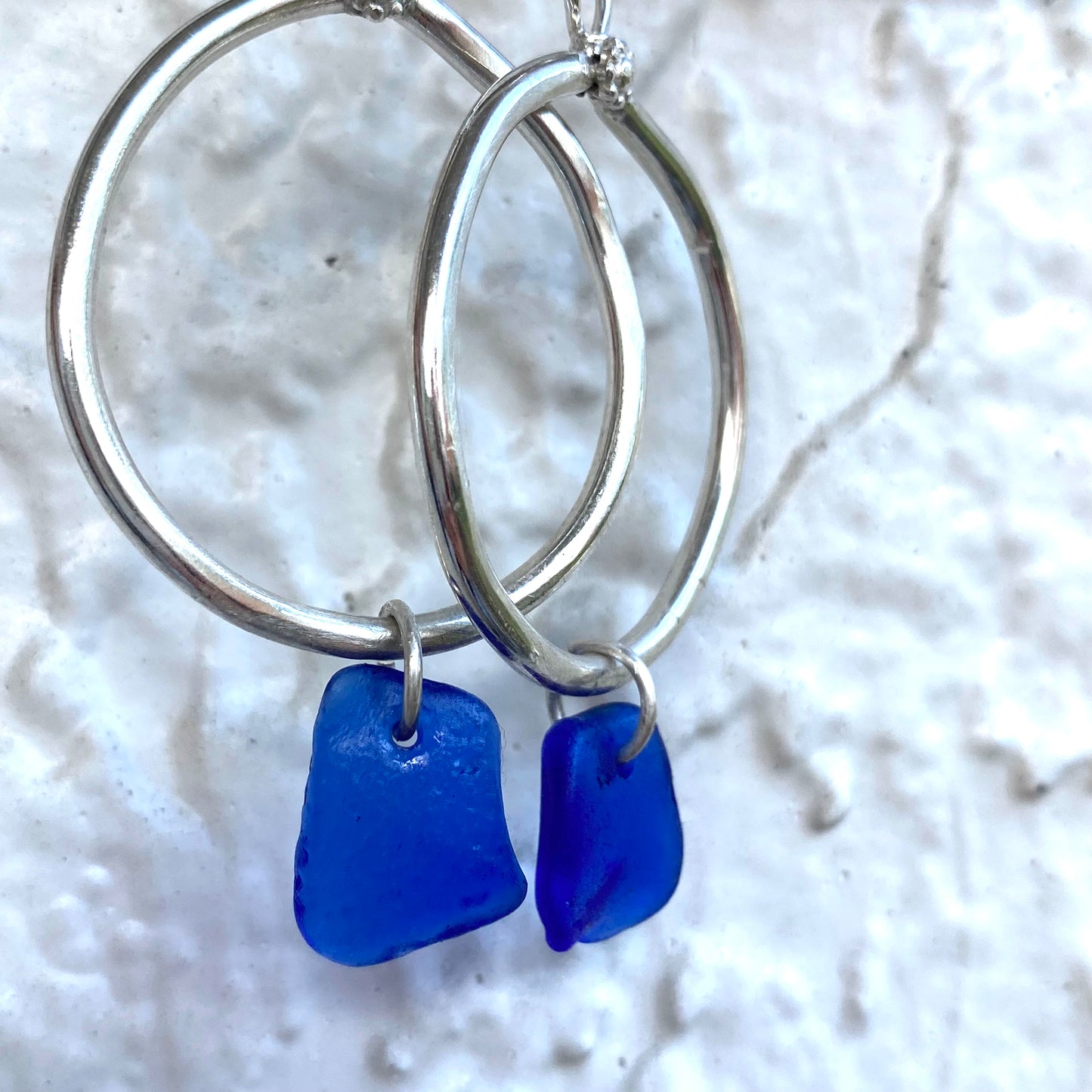 Handmade Sterling Silver Cobalt Blue Sea Glass Dangle Earrings