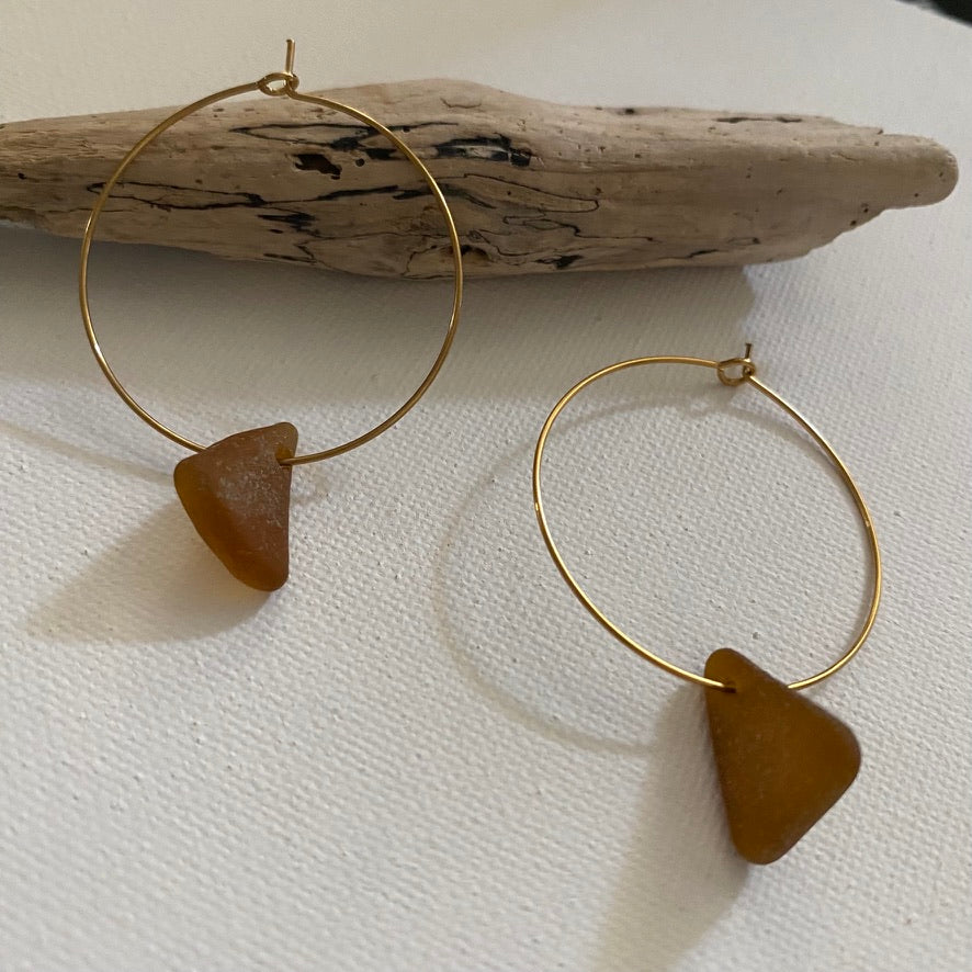 Brown Triangle Sea Glass Earrings on Gold PVD Thin Hoops