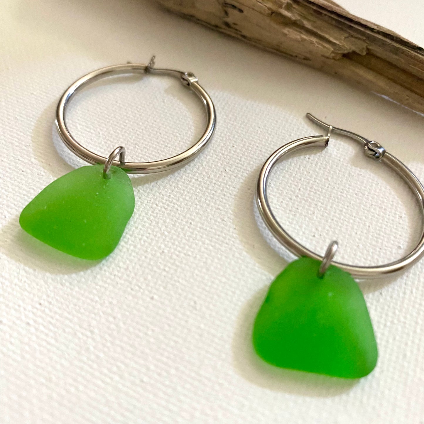 Kelly Green Sea Glass Earrings on Silver Stainless Steel Hoops