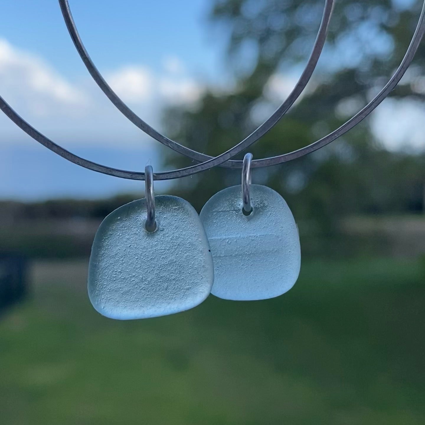 Handmade Sterling Silver Round Sea Glass Dangle Earrings