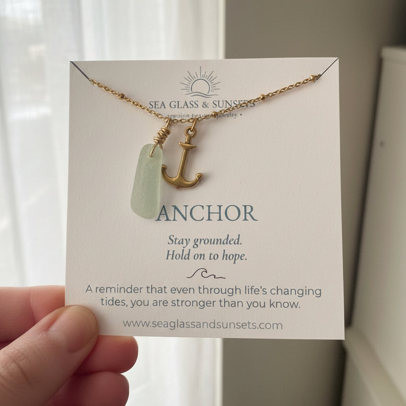 18k Gold Anchor & Light Sea Foam Sea Glass Saturn Chain Necklace (18”-20")