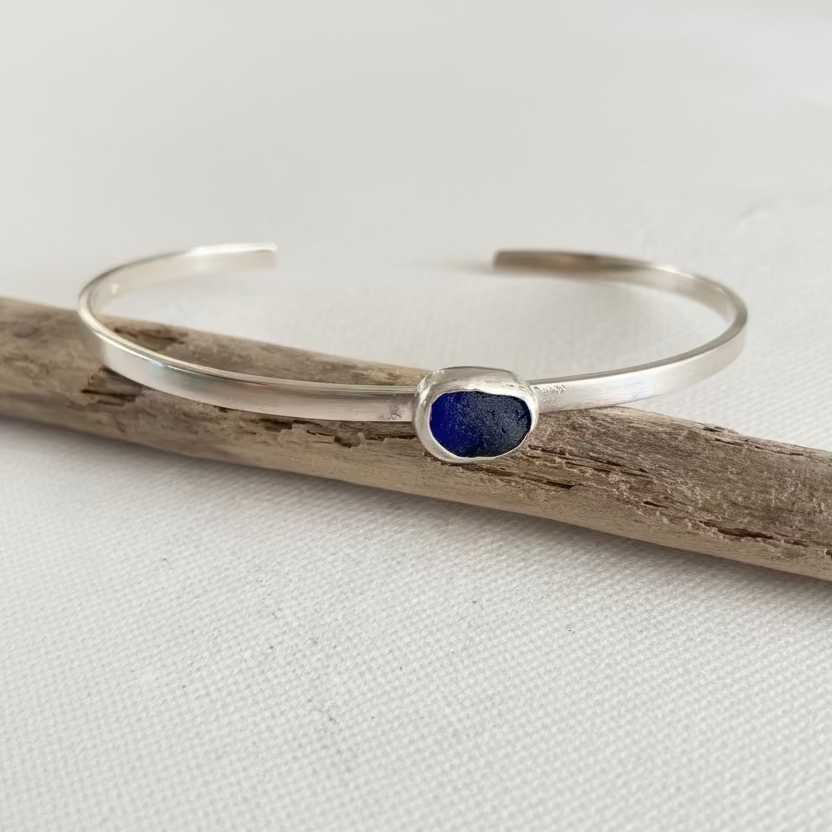 cobalt blue sea glass cuff bracelet