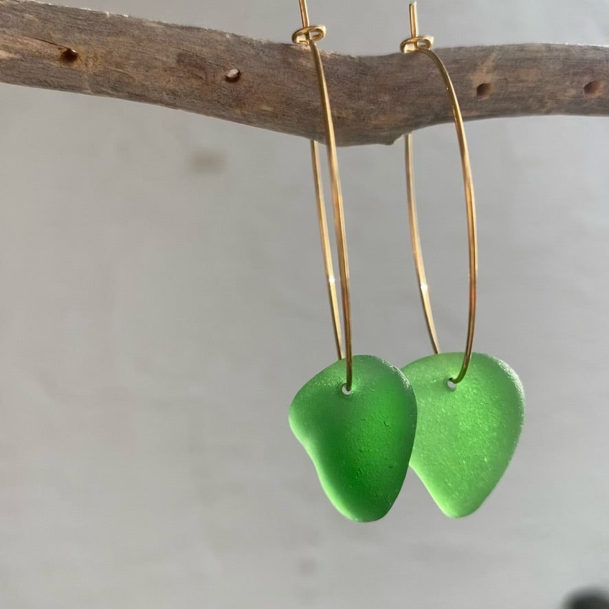 Kelly Green Sea Glass Earrings on Gold PVD Thin Hoops 2
