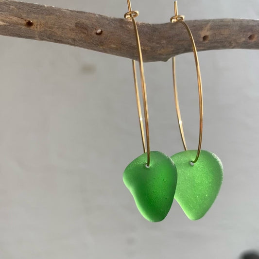 Kelly Green Sea Glass Earrings on Gold PVD Thin Hoops 2