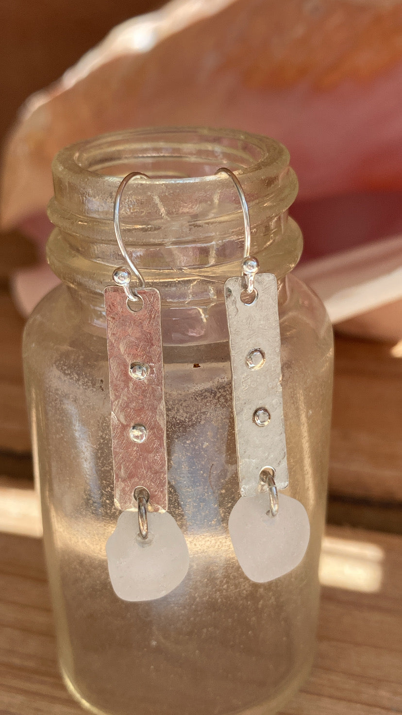 Clear Sea Glass Dangle Earrings – Sterling Silver