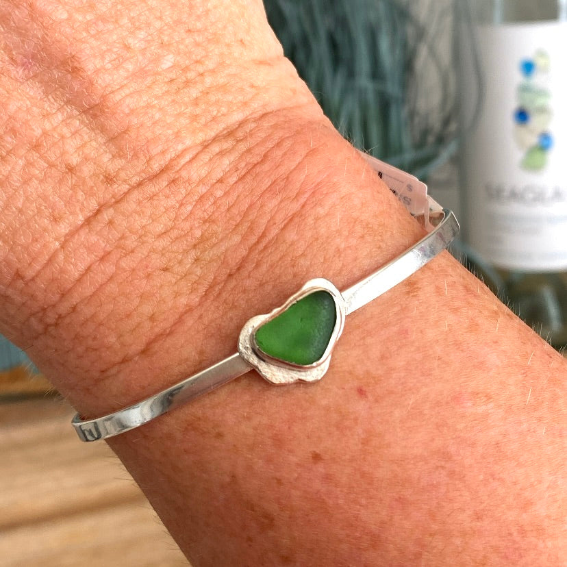 Kelly Green Sea Glass Cuff  Bracelet